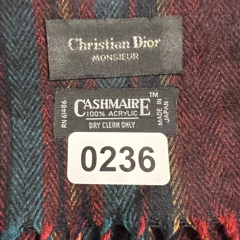 Christian Dior Striped Cashmere Burgundy and Blue Men's Scarf Fringe Vintage